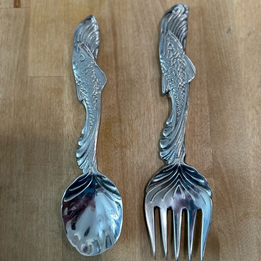 VTG Pewter Koi Fish Salad Fork and Spoon Serving Set